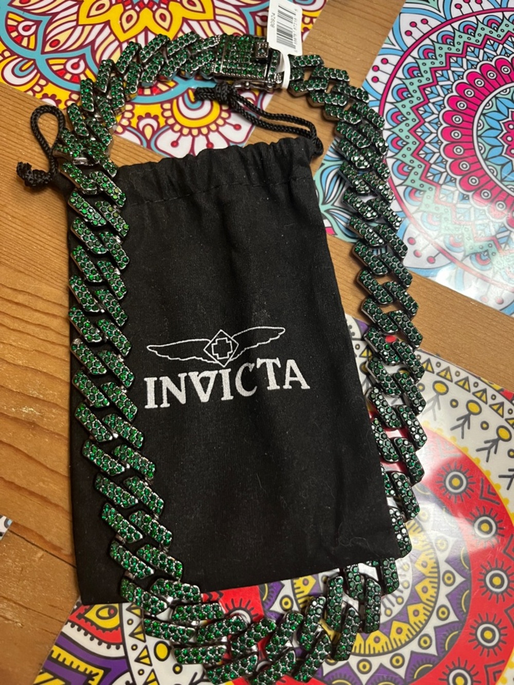 NWT Invicta Emerald Green Crystal Cuban Link Necklace w/dustbag